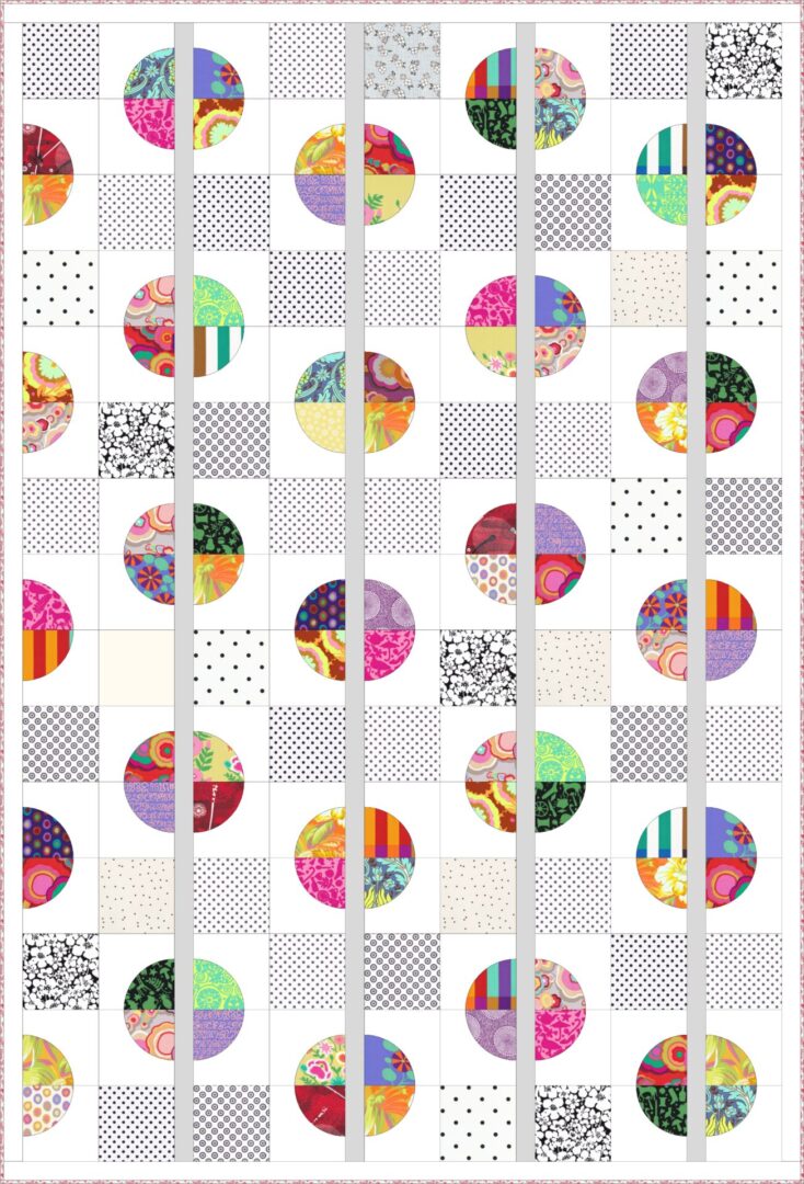 A quilt with circles and squares in different colors.