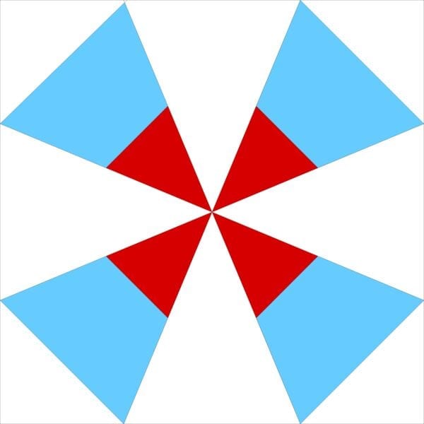 A red and blue umbrella with four triangles.