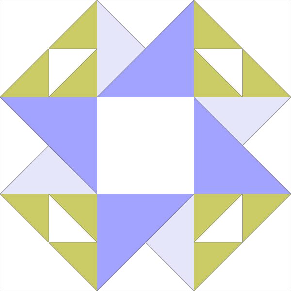 A square quilt block with the center star in blue, white and yellow.