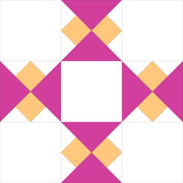 A pink and white square with an orange diamond pattern.