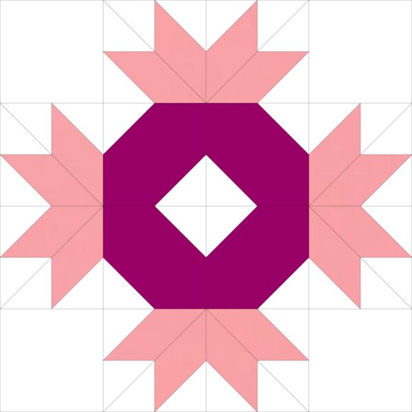 A pink and purple quilt block with an octagon in the center.