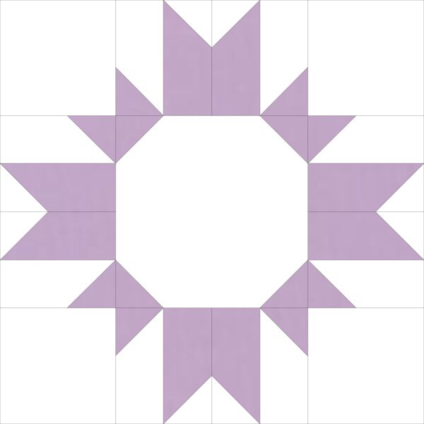 A purple and white quilt block with the center star.